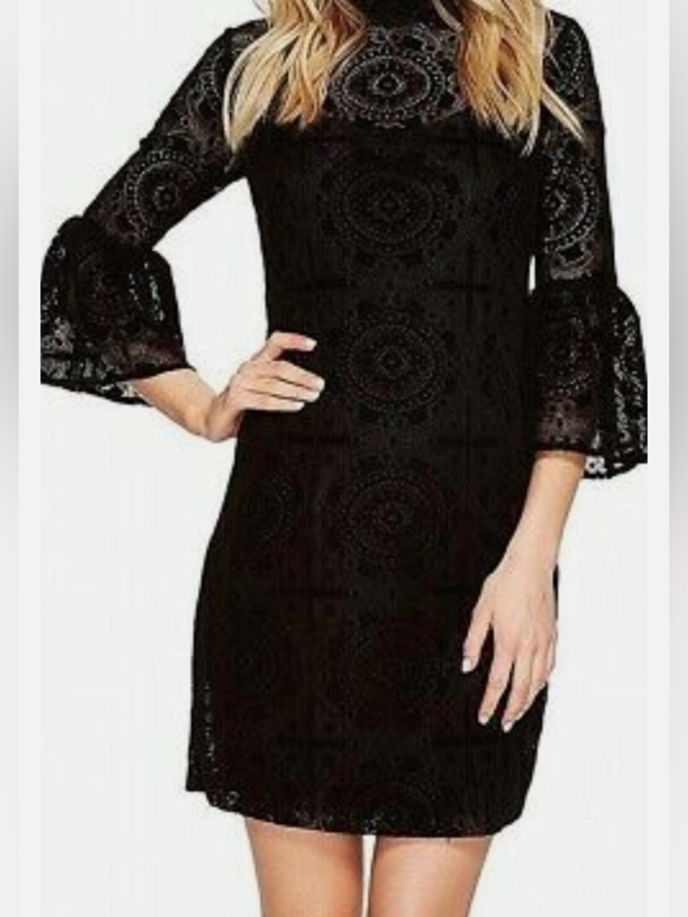 Calvin Klein Black Lace Mini Dress with Bell Sleeves